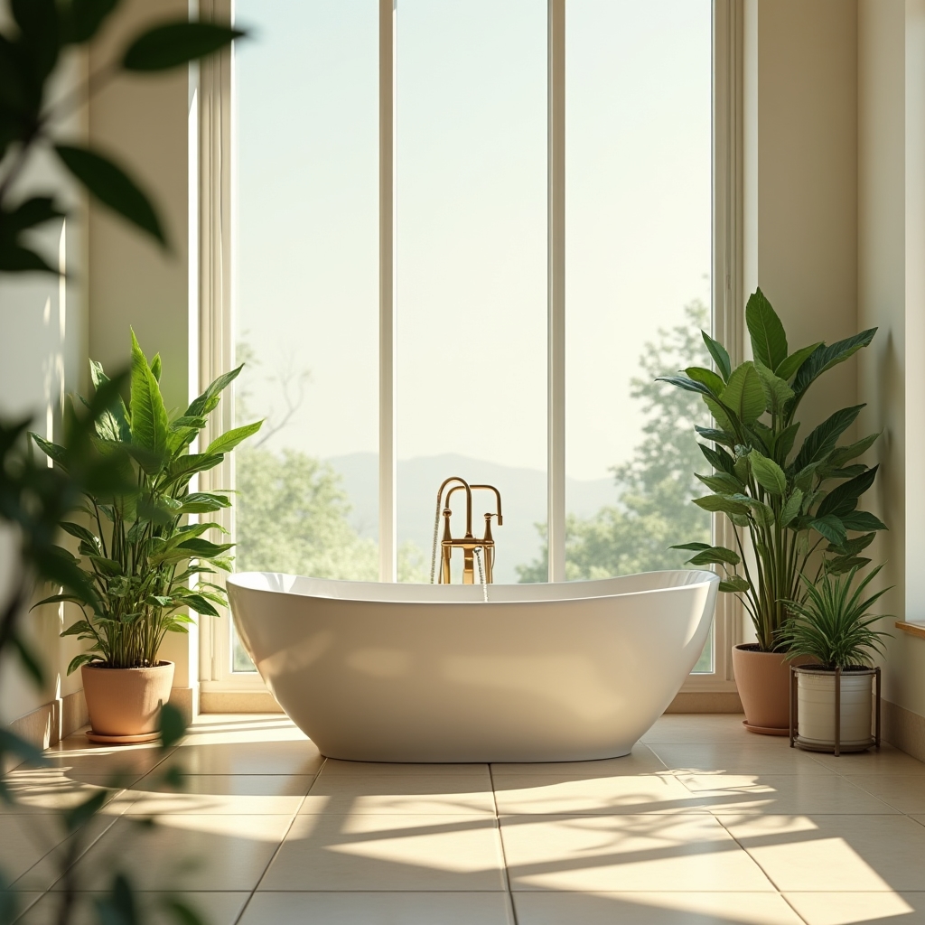 Badewanne mit Pflanzen und weichem Tageslicht