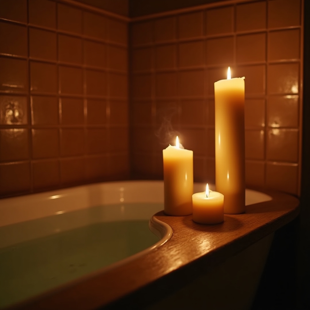 Brennende Kerzen am Wannenrand in einem ruhigen Badezimmer