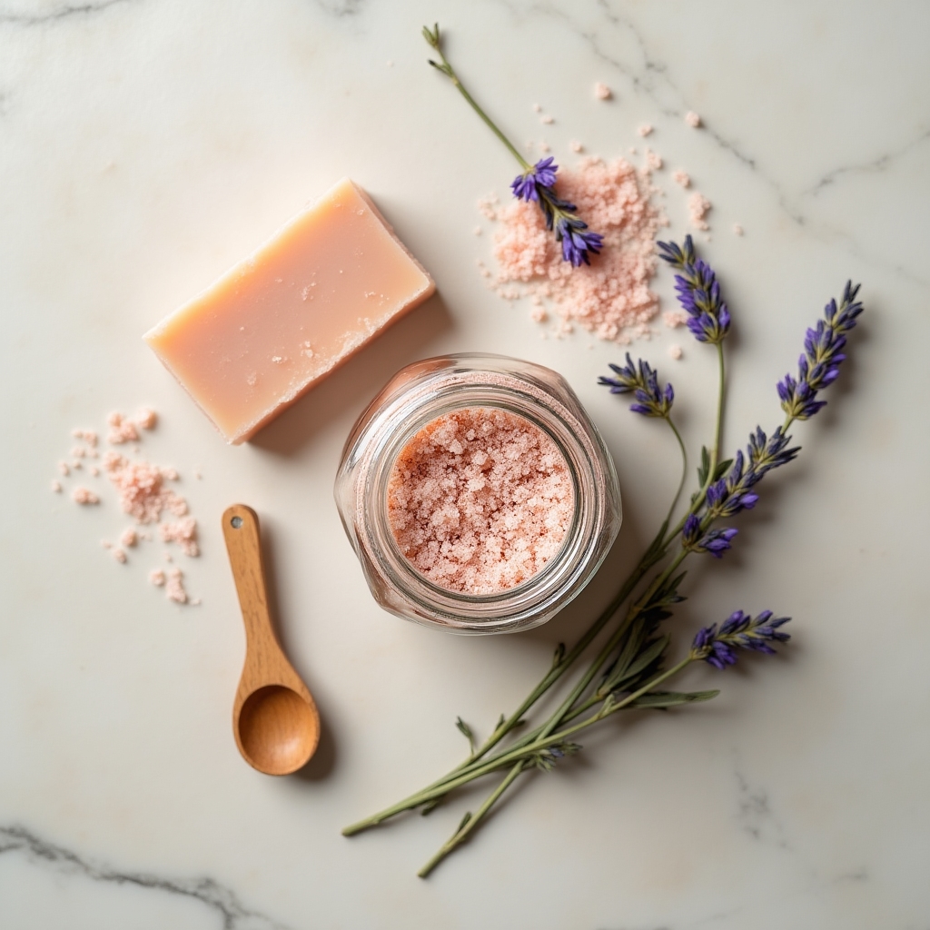 Flatlay aus Naturseife, Badesalz und getrockneten Kräutern