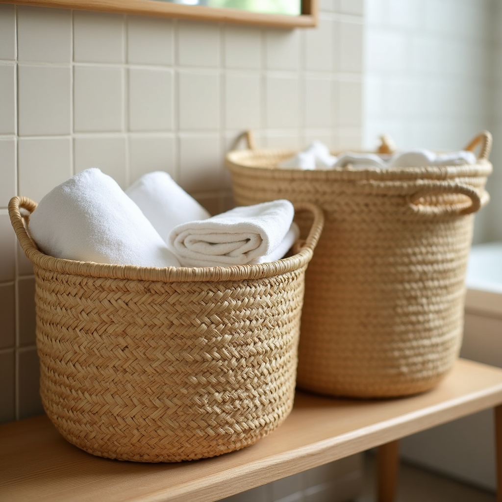 Geflochtene Körbe zur Aufbewahrung im Badezimmer